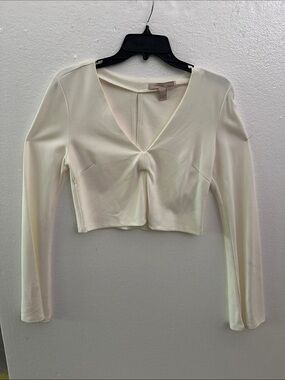 Forever 21 Cream V-Neck Long Sleeve Crop Top